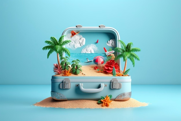 Composizione creativa della spiaggia estiva in valigia su sfondo blu Un'idea di concetto di viaggio in rendering 3D AI generativo