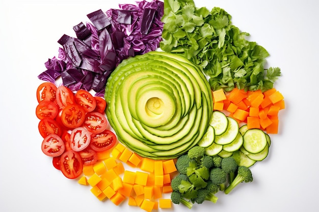Composizione creativa di ingredienti per l'insalata disposti in un disegno visivamente attraente