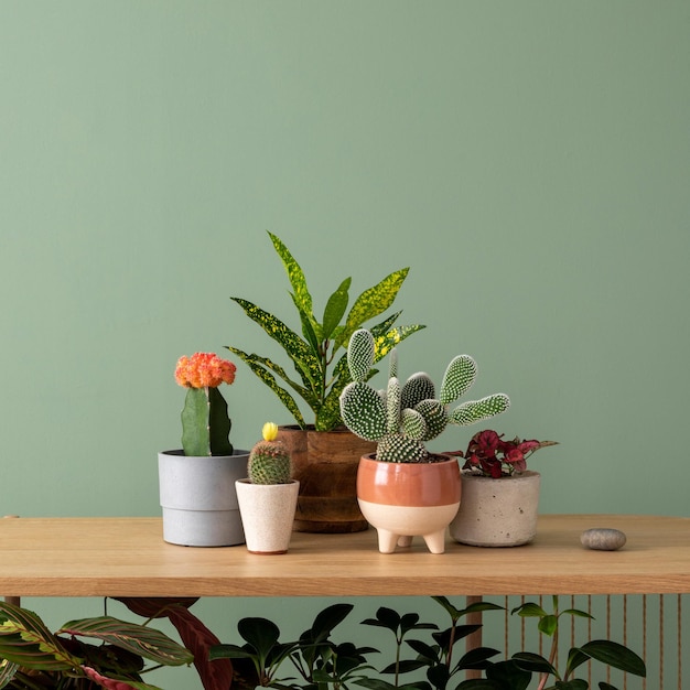 Composizione creativa di interni botanici per la casa con molte piante