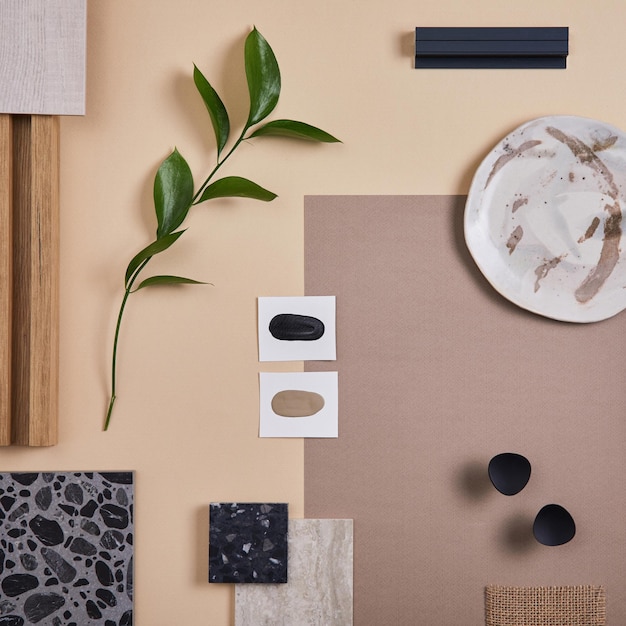 Composizione creativa piatta del moodboard di interior designer e architetto Campioni di tessuti e vernici Pannelli lamellari e piastrelle di lastrico Tavolozza dei colori beige nero e verde Spazio di copia Modello