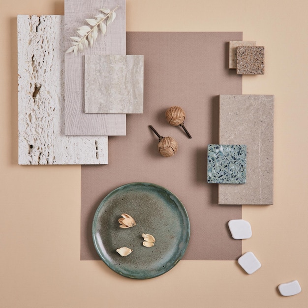 Composizione creativa piatta di moodboard di interior designer con pannelli di campioni di tessuto e vernice e piastrelle di cemento Tavolozza dei colori grigio beige e verde Modello di spazio per la copia