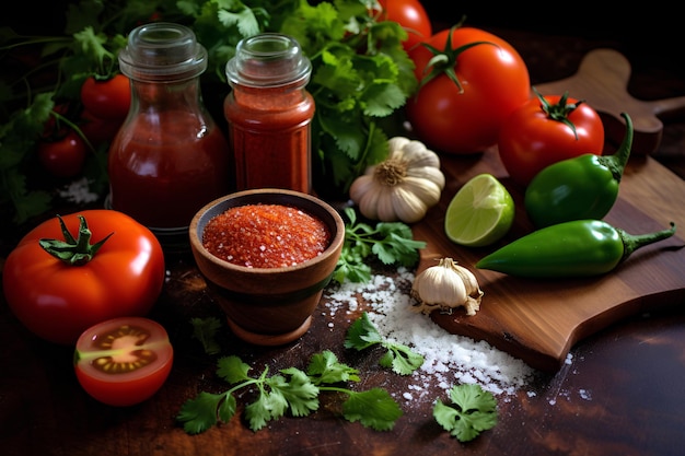 Composizione degli ingredienti per preparare la salsa Pomodori peperoni aglio e spezie