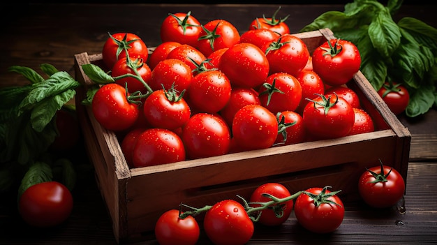 Composizione dei pomodori rossi in scatola di legno vista dall'alto IA generativa