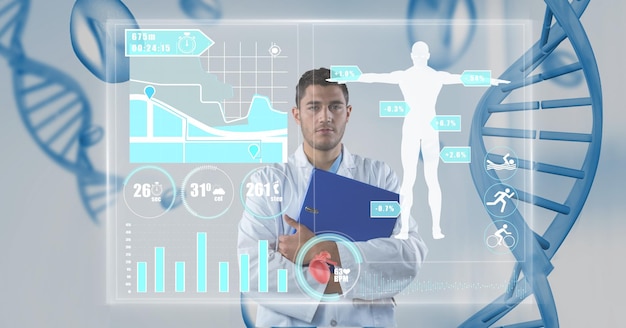 Composizione del medico maschio in piedi e visualizzazione della schermata dell'interfaccia dati di ricerca medica virtuale