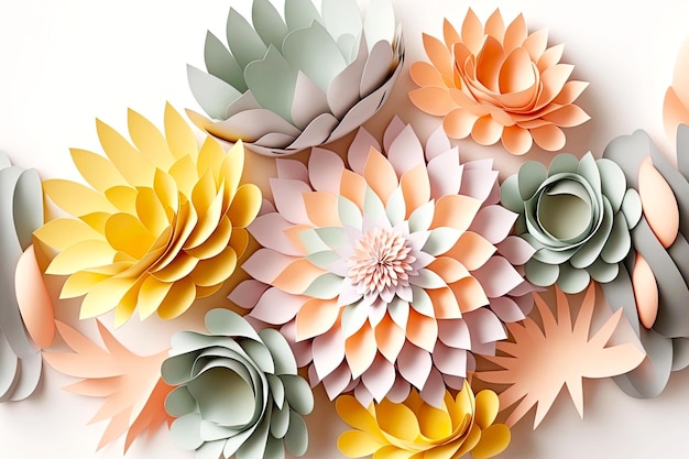 Composizione deliziosa con fiori di carta di rendering 3d pastello isolati su sfondo bianco ai generativa