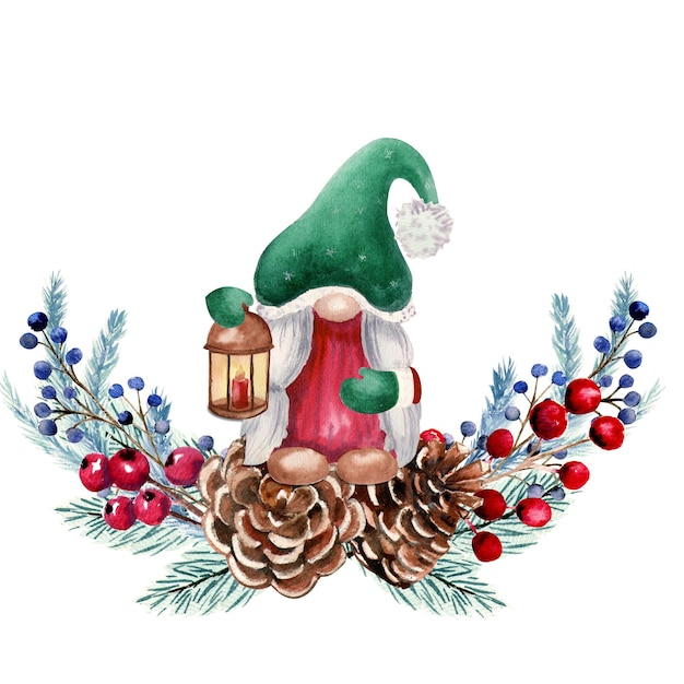 Composizione dell'acquerello con gnomi di Natale, bacche, pigne, rami di abete.