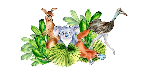 Composizione dell'illustrazione dell'acquerello degli animali del fumetto isolata su bianco