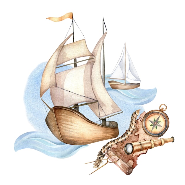 Composizione dell'illustrazione dell'acquerello di stile dell'annata delle navi a vela isolata su bianco