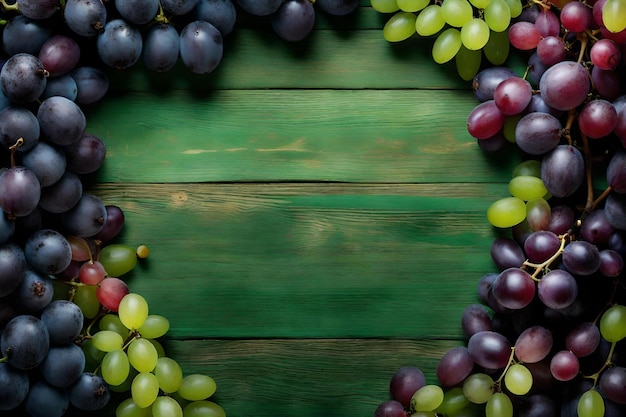 Composizione dell'uva piatta con spazio libero per copiare lo sfondo di legno verde