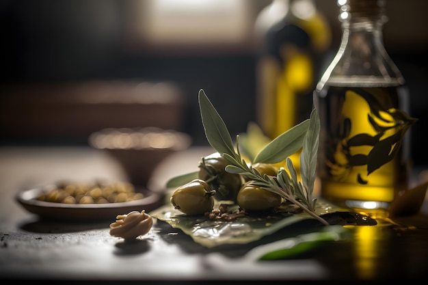Composizione della bottiglia di olio d'oliva ai