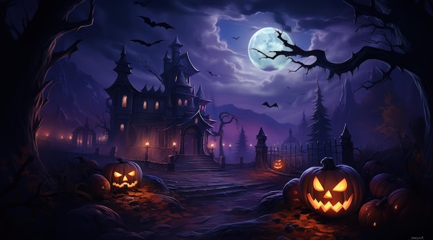 Composizione della luna di notte di Halloween con il castello dell'annata delle zucche d'ardore