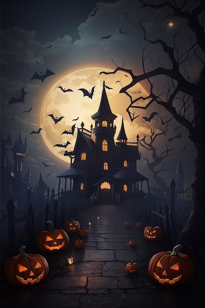 Composizione della luna di notte di Halloween con zucche luminose