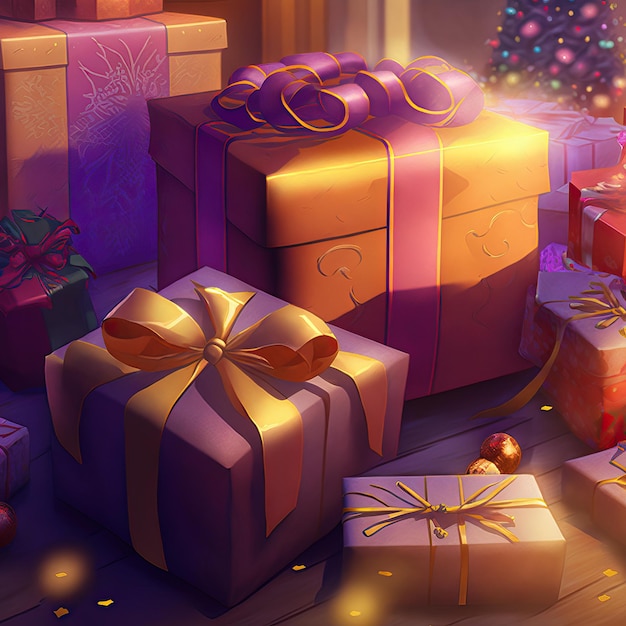 Composizione della notte di Natale con scatole regalo colorate vicino all'albero di Natale di notte