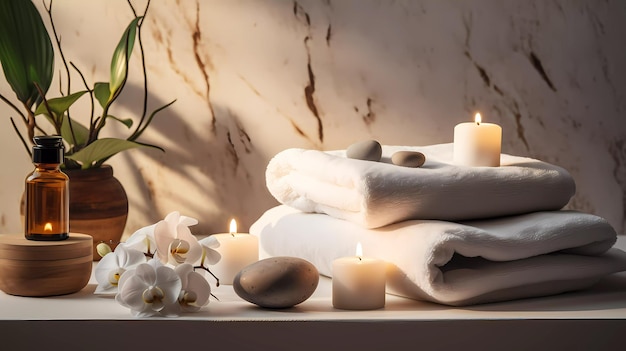 Composizione di accessori spa ambientata nel centro benessere di bellezza dell'hotel day spa