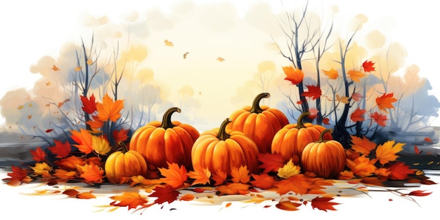 Composizione di acquerelli di zucche e foglie Halloween e Giorno del Ringraziamento AI generativa