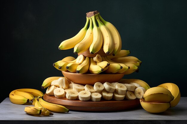 Composizione di banane con banane intere e fette sbucciate