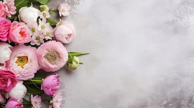 Composizione di banner web floreale femminile primaverile Fiori di peonie rosa corallo su tavolo di marmo bianco