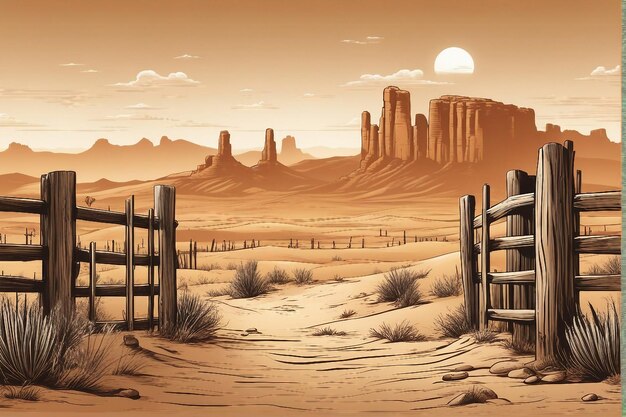 composizione di cartoni animati wild west con paesaggio all'aperto del deserto con stivali da cowboy e cappello