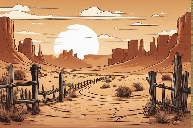 composizione di cartoni animati wild west con paesaggio all'aperto del deserto con stivali da cowboy e cappello