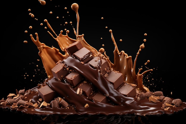 Composizione di cioccolato con noci caramello e latte bellissimo dessert al cioccolate AI generativa