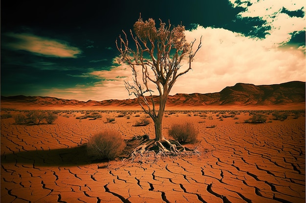 Composizione di deserto incrinato e albero solitario creato utilizzando la tecnologia ai generativa