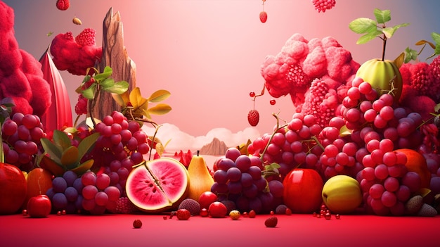 Composizione di diversi frutti su sfondo rosa