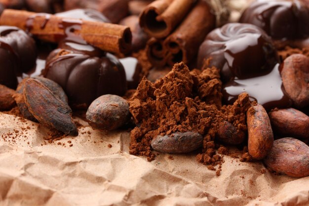 Composizione di dolci al cioccolato cacao e spezie su sfondo marrone