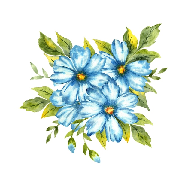 Composizione di fiori blu dell'acquerello