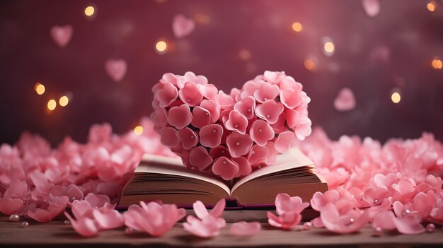 Composizione di fiori e cuori di carta con coriandoli glitter e bokeh Simbolo del cuore Sfondo romantico