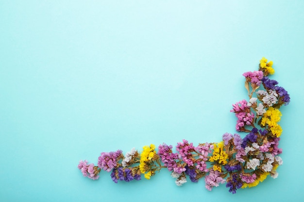 Composizione di fiori. Fiori di Gypsophila su sfondo blu pastello. Appartamento laico, vista dall'alto, copia dello spazio. Primavera