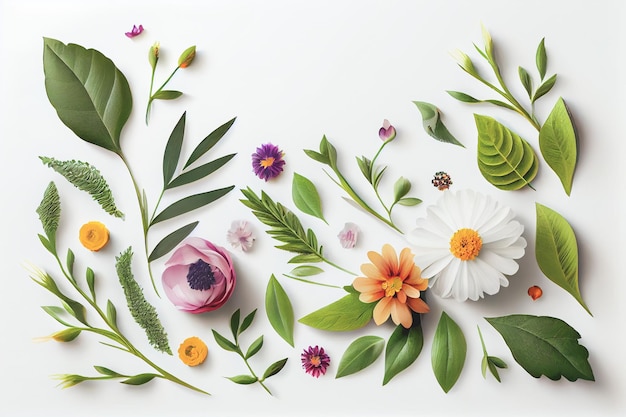Composizione di fiori Motivo a cornice realizzato con diversi fiori secchi e foglie su sfondo bianco Spazio di copia con vista dall'alto piatto