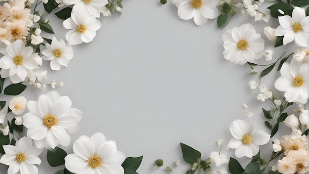 Composizione di fiori Quadro fatto di fiori bianchi su sfondo grigio Spazio di copia a vista superiore piatto