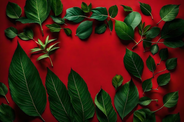 Composizione di foglie verdi piatte con spazio libero per copiare sfondo di tessuto di velluto rosso
