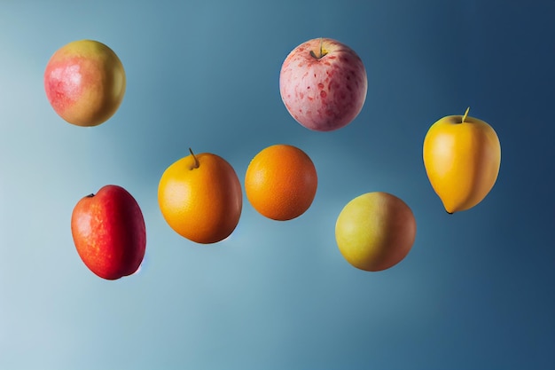 Composizione di frutta su sfondo blu Caduta di frutta che vola nell'aria