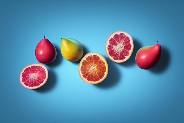 Composizione di frutta su sfondo blu Pere di pompelmo a fette arancioni che si trovano sulla superficie