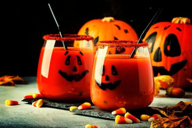 Composizione di Halloween con bevanda sanguinante rossa festiva e zucche sorridenti con mais dolce e foglie cadute su sfondo scuro fuoco selettivo