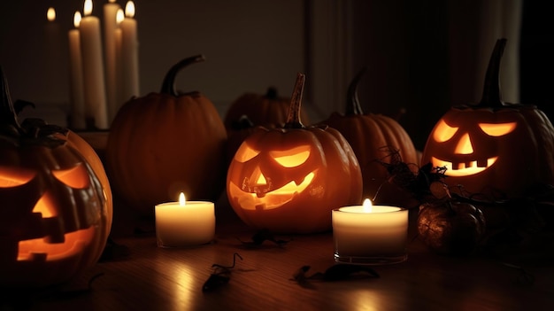 Composizione di Halloween di un gruppo di zucche in fiamme con una candela sullo sfondo scuro modello di banner di intestazione con spazio di copia generato dall'AI