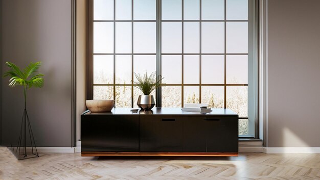 Composizione di interior design con un comodino moderno accanto a una grande finestra