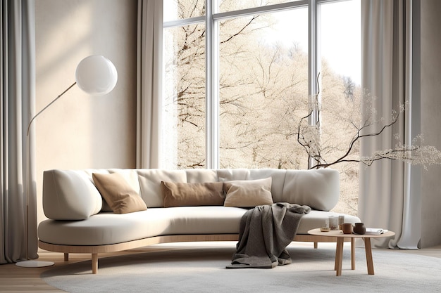 Composizione di interior design con un divano moderno davanti a una grande finestra IA generativa