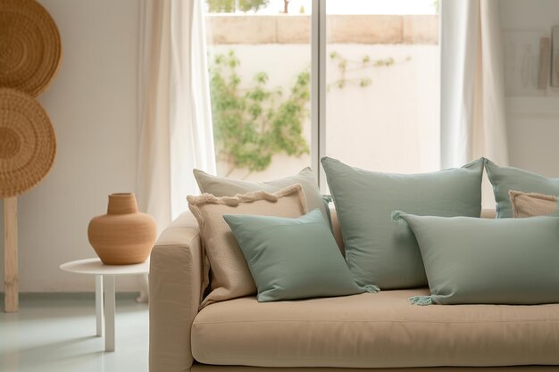 Composizione di interior design mediterranea con cuscini concetto minimalista IA generativa