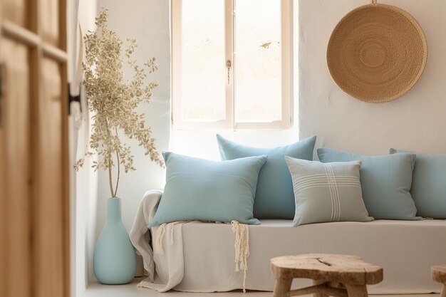 Composizione di interior design mediterranea con cuscini concetto minimalista IA generativa