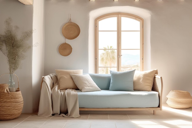 Composizione di interior design mediterranea con cuscini concetto minimalista IA generativa