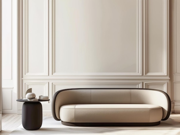 Composizione di interior design minimalista moderna con un divano e pannelli a parete