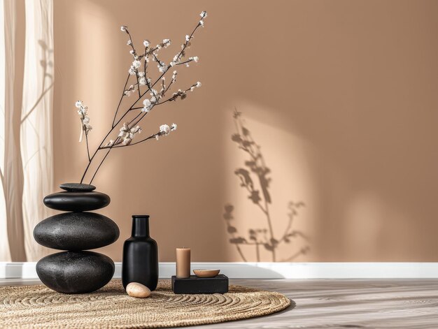 Composizione di interior design zen minimalista in toni puliti con elementi naturali e illuminazione delle finestre Interni sereni rilassanti spazi di meditazione