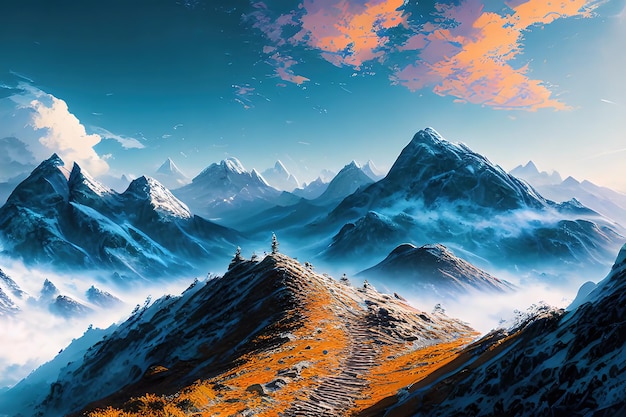 Composizione di montagne realistiche con paesaggio orizzontale e scogliere ricoperte di neve con cielo blu