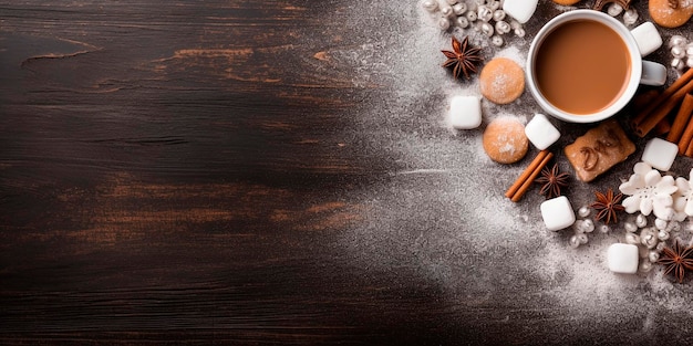 composizione di Natale piatta con biscotti di pan di zenzero e cioccolato caldo su uno sfondo scuro