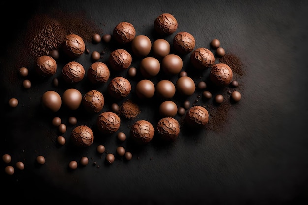 Composizione di palline di malto al cioccolato distesa piatta con spazio libero per la copia sfondo nero del deserto