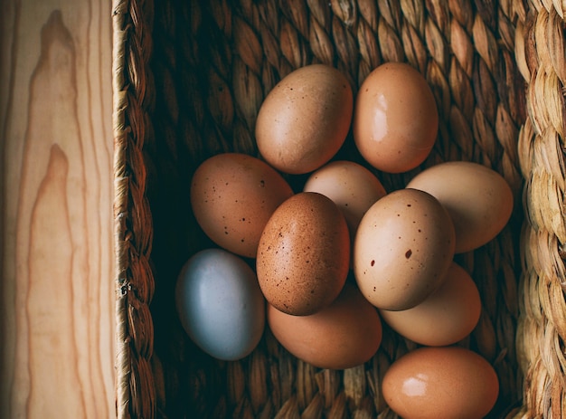 composizione di pasqua Le uova di Pasqua si trovano in una scatola di uova accanto a rami verdi su uno sfondo di legno chiaro foto di concetto di Pasqua dall'alto