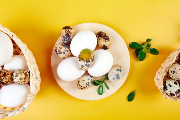 Composizione di pasqua piatta laici con foglie verdi e uova di pasqua su uno sfondo giallo, buona Pasqua, copia spazio, vista dall'alto.