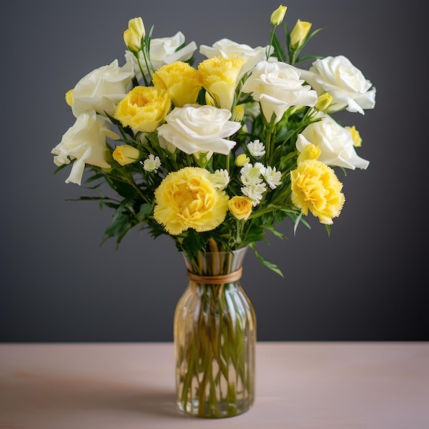 Composizione di rose gialle e bianche in vaso trasparente stile Aquirax Uno